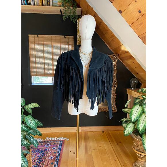 Leather Fringe Jacket Black Vintage - Picture 2 of 9